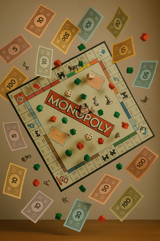A Monopoly board mid-air with colorful paper money, houses, hotels, dice, and game pieces suspended around it. The board is in mid air, as if the game has been flipped in frustration.