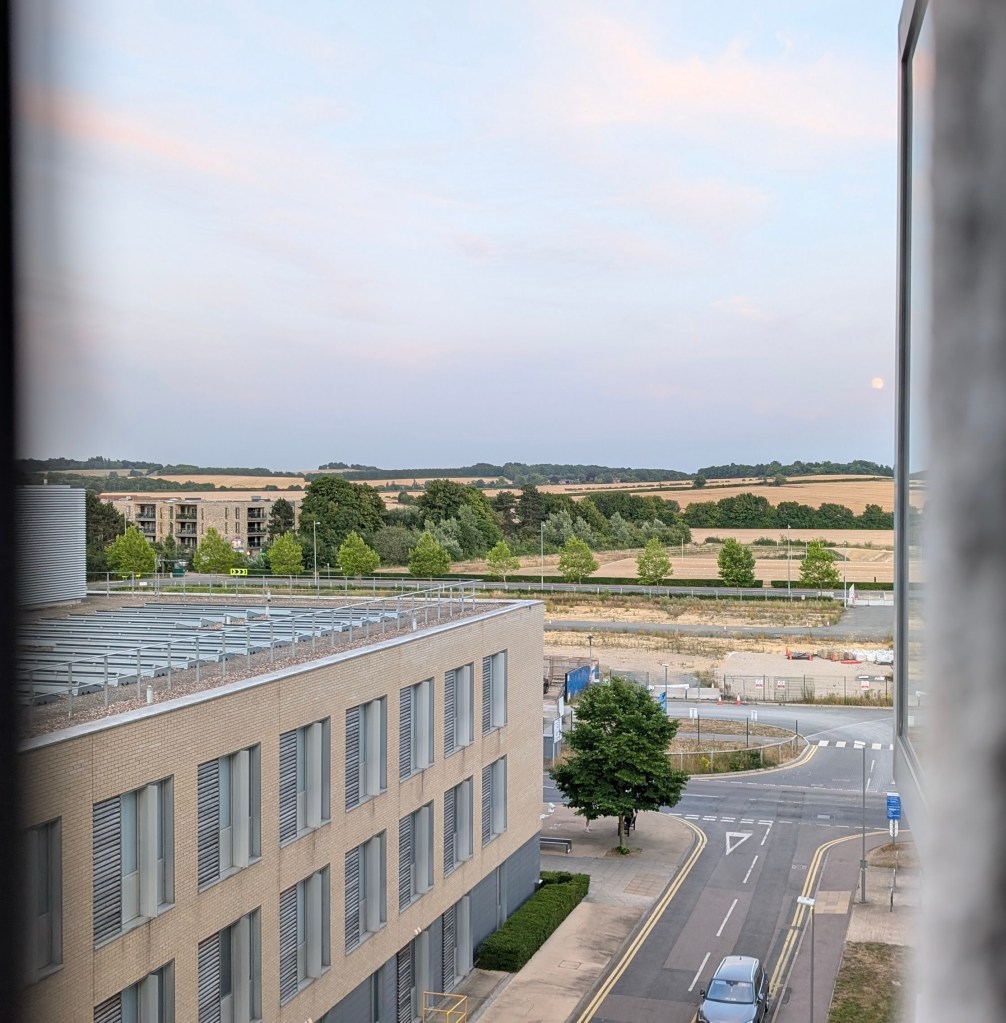 View from a hospital window at dusk: rooftops, fields, trees, and the moon rising over the horizon.