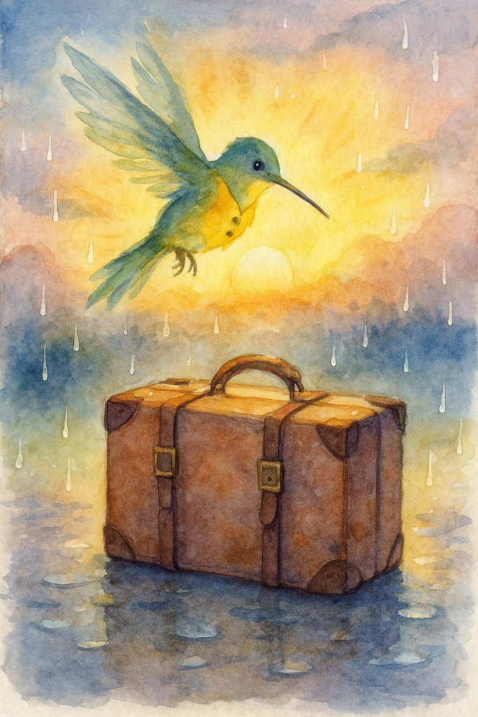 A watercolor painting of a glowing hummingbird in a yellow waistcoat hovering above a closed suitcase. 

Raindrops in the air catch the light of a rising sun, sparkling against the soft dawn sky.
