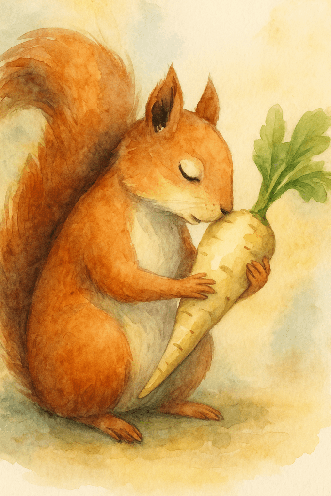 A watercolor of a gentle squirrel cradling a parsnip in her paws as if it were a dear companion. She leans in close, whispering softly to it, with the reverence one might give a golden striker on the pitch. The scene glows with quiet absurdity and tenderness, as though the parsnip and squirrel share a secret destiny in soup and sport alike.