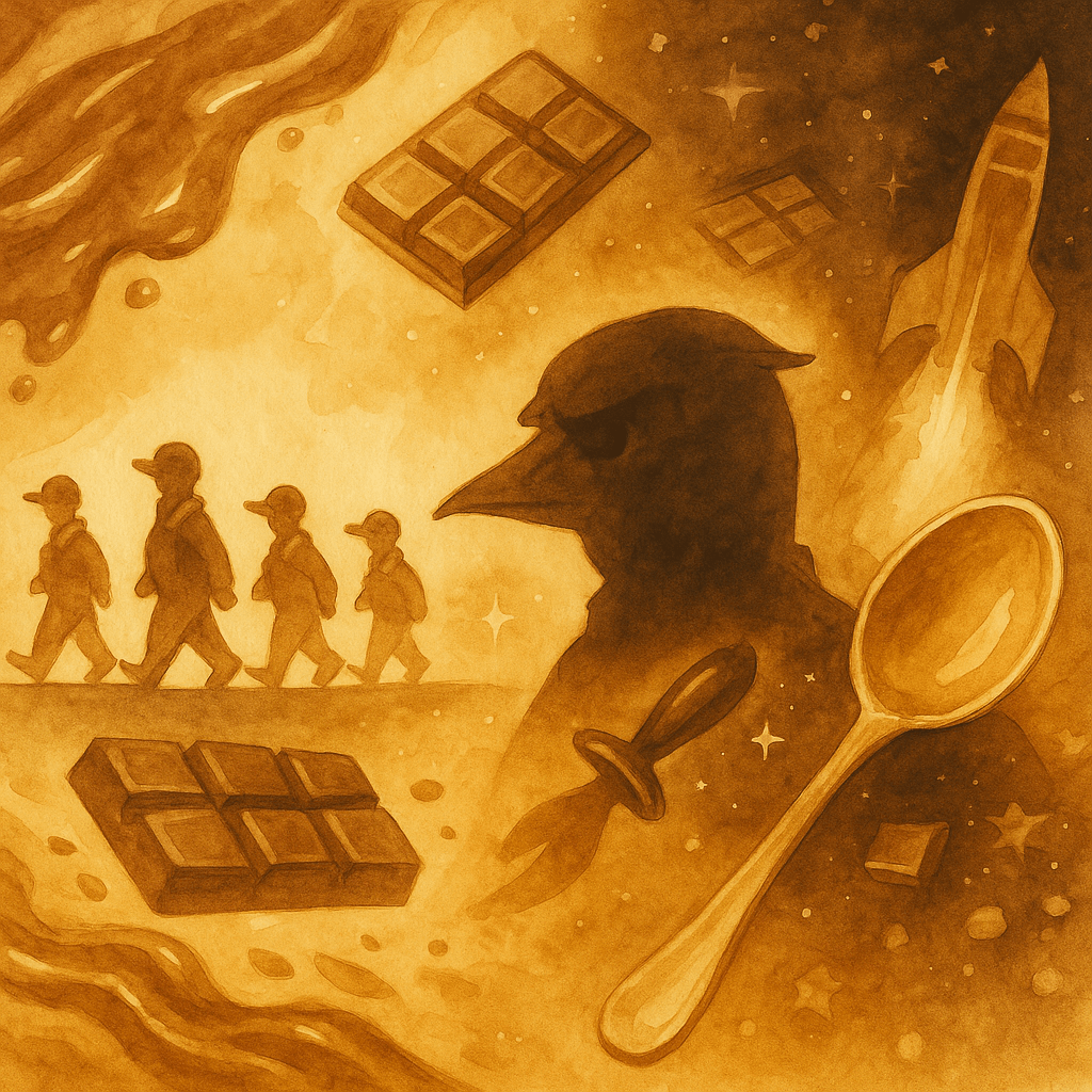 Molten rivers of chocolate poured in slow motion, shimmering like liquid gold. Silhouettes of ducks in boiler suits marched in perfect formation, wings snapping to the beat. A giant teaspoon spun end over end through a starfield, striking sparks as it sliced through cocoa beans. Goosefinger’s outline loomed against a blazing rocket plume.