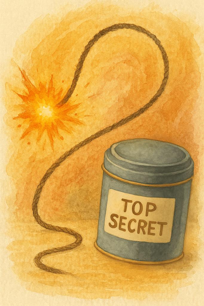 A long sizzling fuse winding its way across the page, sparks flying — leading to a biscuit tin marked TOP SECRET.