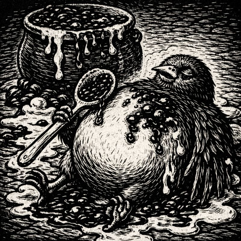 An image of a bird "taste testing" all the jam and cream.