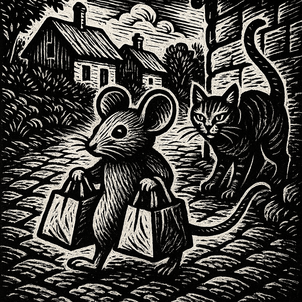 An image of a mouse carrying heavy shopping bags, whilst a cat looks on.