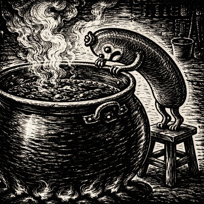 An image of a sausage standing on a stool leaning to taste the tea.
