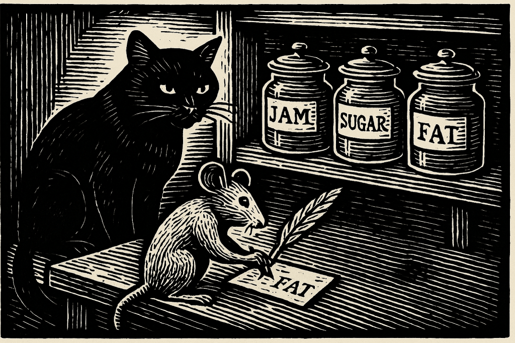 Black-and-white woodcut-style illustration of a large black cat sitting beside a small mouse writing with a quill. On a shelf behind them are three labelled jars reading “Jam,” “Sugar,” and “Fat.” The cat watches the mouse with a sly expression, creating a tense and ominous mood.