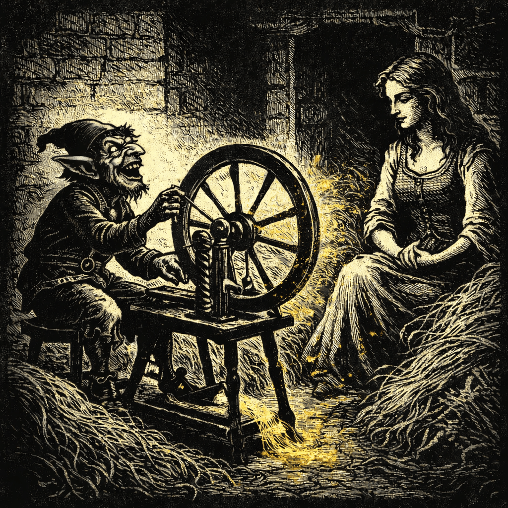 Black-and-white woodcut illustration of a small goblin joyfully spinning straw into gold, singing as golden threads and sparks fly from the wheel, while a young woman observes calmly in a dim stone chamber.